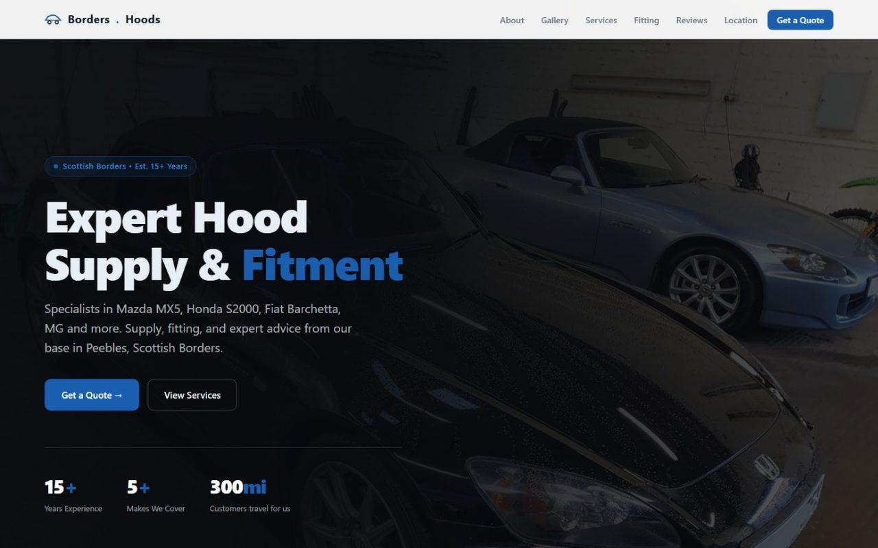 Borders Hoods homepage with a bold roadster hero and a Get a Quote button