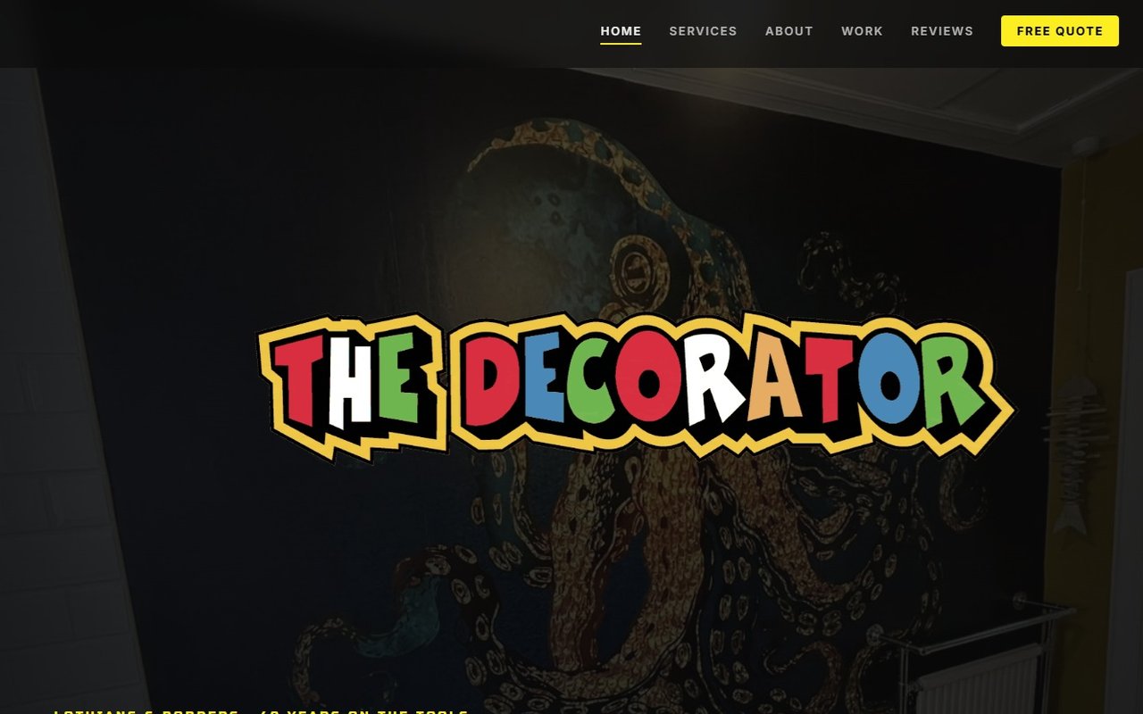 The Decorator homepage with a bold yellow wordmark over a confident dark hero